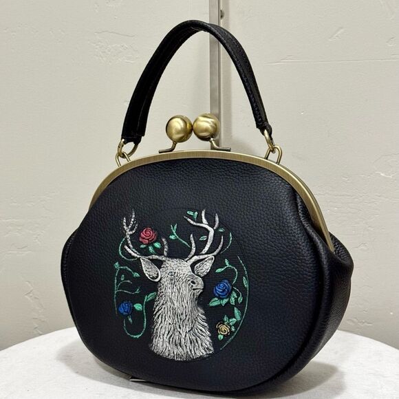 Hand-Tooled & Deer Texture Cowhide Handmade Kisslock Round Bag, Multi Use Style - Picture 3 of 16